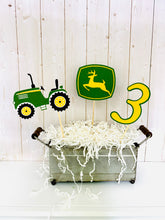 Load image into Gallery viewer, Green tractor birthday table decor or cake topper decorations. The set includes a green open cab tractor, number and deer sign. The items are attached to 6" bamboo skewers.