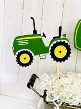 Load image into Gallery viewer, Green tractor birthday table decor or cake topper decorations. The set includes a green open cab tractor, number and deer sign. The items are attached to 6" bamboo skewers.