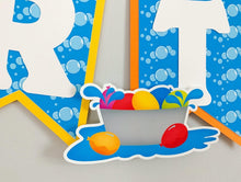 Load image into Gallery viewer, Waterslide summer happy birthday banner featuring fun summer elements that include ice cream, water guns, water balloons, umbrellas, sunglasses, beach chairs, beach balls and a waterslide.