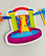 Load image into Gallery viewer, Waterslide summer happy birthday banner featuring fun summer elements that include ice cream, water guns, water balloons, umbrellas, sunglasses, beach chairs, beach balls and a waterslide.