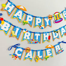 Load image into Gallery viewer, Waterslide summer happy birthday banner featuring fun summer elements that include ice cream, water guns, water balloons, umbrellas, sunglasses, beach chairs, beach balls and a waterslide.