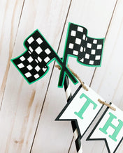 Load image into Gallery viewer, Monster Jam inspired monster truck cake topper bunting. The cake toppers feature two checkered flags, pennant flags that read either an age, name or word. Each cake topper includes a coordinating monster jam inspired truck.