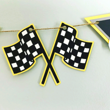 Load image into Gallery viewer, Monster Jam inspired monster truck happy birthday banner. The banner features monster jam logo inspired triangle pennants, a checkered flag, Grave Digger, Megladon, Tornado, El Toro Loco and Dragon monster trucks.