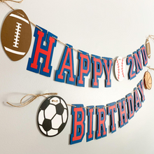 Load image into Gallery viewer, All star sports birthday banner featuring football, soccer, basketball and baseball