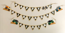 Load image into Gallery viewer, Monster Jam inspired monster truck happy birthday banner. The banner features monster jam logo inspired triangle pennants, a checkered flag, Grave Digger, Megladon, Tornado, El Toro Loco and Dragon monster trucks.