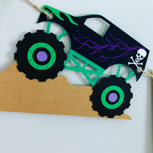Load image into Gallery viewer, Monster Jam inspired monster truck happy birthday banner. The banner features monster jam logo inspired triangle pennants, a checkered flag, Grave Digger, Megladon, Tornado, El Toro Loco and Dragon monster trucks.