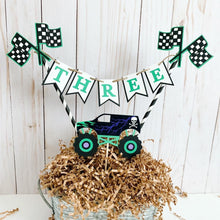 Load image into Gallery viewer, Monster Jam inspired monster truck cake topper bunting. The cake toppers feature two checkered flags, pennant flags that read either an age, name or word. Each cake topper includes a coordinating monster jam inspired truck.