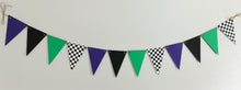 Load image into Gallery viewer, Grave Digger pennant banner that will be the perfect addition to your Grave Digger Monster Jam monster truck party! Featuring a checkered flag pennant, purple, green and black pennants, this Grave Digger birthday banner will look amazing adorning your concessions table, hung with a balloon garland or used a backdrop to capture those amazing birthday party memories!