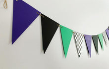 Load image into Gallery viewer, Grave Digger pennant banner that will be the perfect addition to your Grave Digger Monster Jam monster truck party! Featuring a checkered flag pennant, purple, green and black pennants, this Grave Digger birthday banner will look amazing adorning your concessions table, hung with a balloon garland or used a backdrop to capture those amazing birthday party memories!