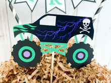 Load image into Gallery viewer, Monster Jam inspired monster truck cake topper bunting. The cake toppers feature two checkered flags, pennant flags that read either an age, name or word. Each cake topper includes a coordinating monster jam inspired truck.