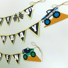 Load image into Gallery viewer, Monster Jam inspired monster truck happy birthday banner. The banner features monster jam logo inspired triangle pennants, a checkered flag, Grave Digger, Megladon, Tornado, El Toro Loco and Dragon monster trucks.