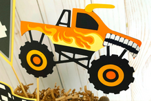 Load image into Gallery viewer, Monster Jam inspired monster truck birthday party decorations featuring Megladon, El Toro Loco, Grave Digger, Dragon and Tornado monster trucks.