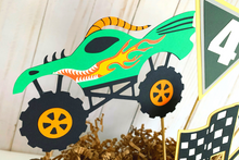 Load image into Gallery viewer, Monster Jam inspired monster truck birthday party decorations featuring Megladon, El Toro Loco, Grave Digger, Dragon and Tornado monster trucks.