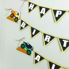 Load image into Gallery viewer, Monster Jam inspired monster truck happy birthday banner. The banner features monster jam logo inspired triangle pennants, a checkered flag, Grave Digger, Megladon, Tornado, El Toro Loco and Dragon monster trucks.