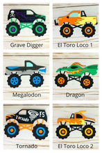 Load image into Gallery viewer, Monster Jam inspired monster truck happy birthday banner. The banner features monster jam logo inspired triangle pennants, a checkered flag, Grave Digger, Megladon, Tornado, El Toro Loco and Dragon monster trucks.