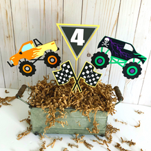Load image into Gallery viewer, Monster Jam inspired monster truck birthday party decorations featuring Megladon, El Toro Loco, Grave Digger, Dragon and Tornado monster trucks.