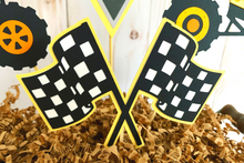 Load image into Gallery viewer, Monster Jam inspired monster truck birthday party decorations featuring Megladon, El Toro Loco, Grave Digger, Dragon and Tornado monster trucks.
