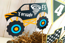 Load image into Gallery viewer, Monster Jam inspired monster truck birthday party decorations featuring Megladon, El Toro Loco, Grave Digger, Dragon and Tornado monster trucks.