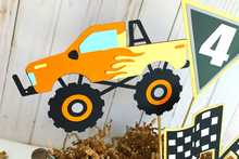 Load image into Gallery viewer, Monster Jam inspired monster truck birthday party decorations featuring Megladon, El Toro Loco, Grave Digger, Dragon and Tornado monster trucks.
