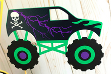 Load image into Gallery viewer, Monster Jam inspired monster truck birthday party decorations featuring Megladon, El Toro Loco, Grave Digger, Dragon and Tornado monster trucks.