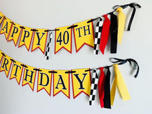 Load image into Gallery viewer, Red yellow and black checkered flag ferrari formula one happy birthday banner