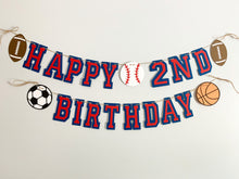 Load image into Gallery viewer, All star sports birthday banner featuring football, soccer, basketball and baseball