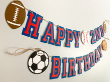 Load image into Gallery viewer, All star sports birthday banner featuring football, soccer, basketball and baseball