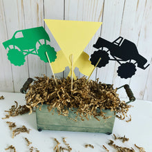Load image into Gallery viewer, Monster Jam inspired monster truck birthday party decorations featuring Megladon, El Toro Loco, Grave Digger, Dragon and Tornado monster trucks.