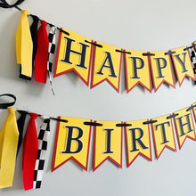 Load image into Gallery viewer, Red yellow and black checkered flag ferrari formula one happy birthday banner