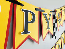 Load image into Gallery viewer, Red yellow and black checkered flag ferrari formula one happy birthday banner
