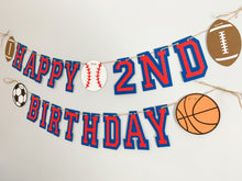 Load image into Gallery viewer, All star sports birthday banner featuring football, soccer, basketball and baseball