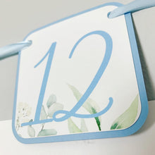 Load image into Gallery viewer, Peter Rabbit Photo Banner that includes months NB - 12. Each pennant features watercolor floral images. Alternating months also includes a Peter Rabbit Image.