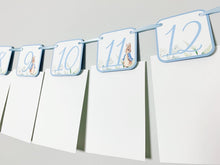 Load image into Gallery viewer, Peter Rabbit Photo Banner that includes months NB - 12. Each pennant features watercolor floral images. Alternating months also includes a Peter Rabbit Image.