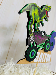 monster jam truck and T-Rex dinosaur cake topper