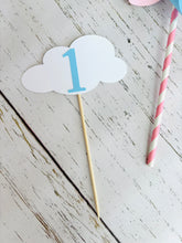 Load image into Gallery viewer, pink airplane centerpiece with a pink airplane, pink and blue pinwheel and white cloud with a blue number one

