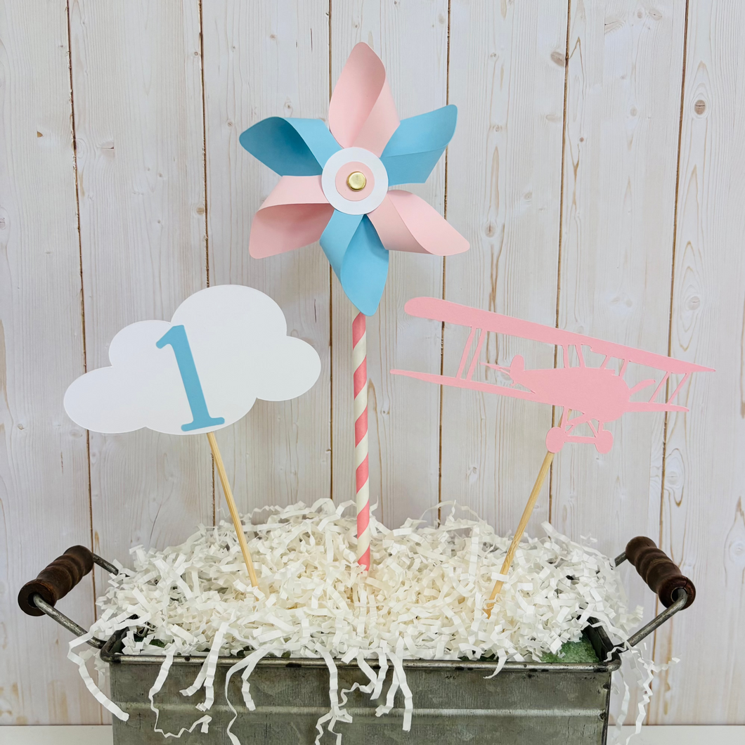 pink airplane centerpiece with a pink airplane, pink and blue pinwheel and white cloud with a blue number one