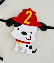 Load image into Gallery viewer, firetruck garland banner with a firetruck, fire hydrant, flame, fire extinguisher and dalmatian
