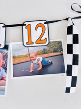Load image into Gallery viewer, black orange and white racing first birthday monthly photo banner
