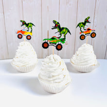 Load image into Gallery viewer, Monster jam inspired monster trucks with a T-Rex dinosaur cupcake toppers. Each monster truck features a T-Rex standing on the back of the truck. The monster truck dinosaur cupcake toppers are professionally printed, cut and attached to four inch bamboo skewers. The monster truck dinosaur cupcake toppers are handcrafted in the USA. The truck options are Grave Digger, Megaladon, El Toro Loco, Tornado and Dragon. 

