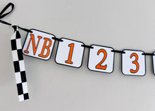 Load image into Gallery viewer, black orange and white racing first birthday monthly photo banner
