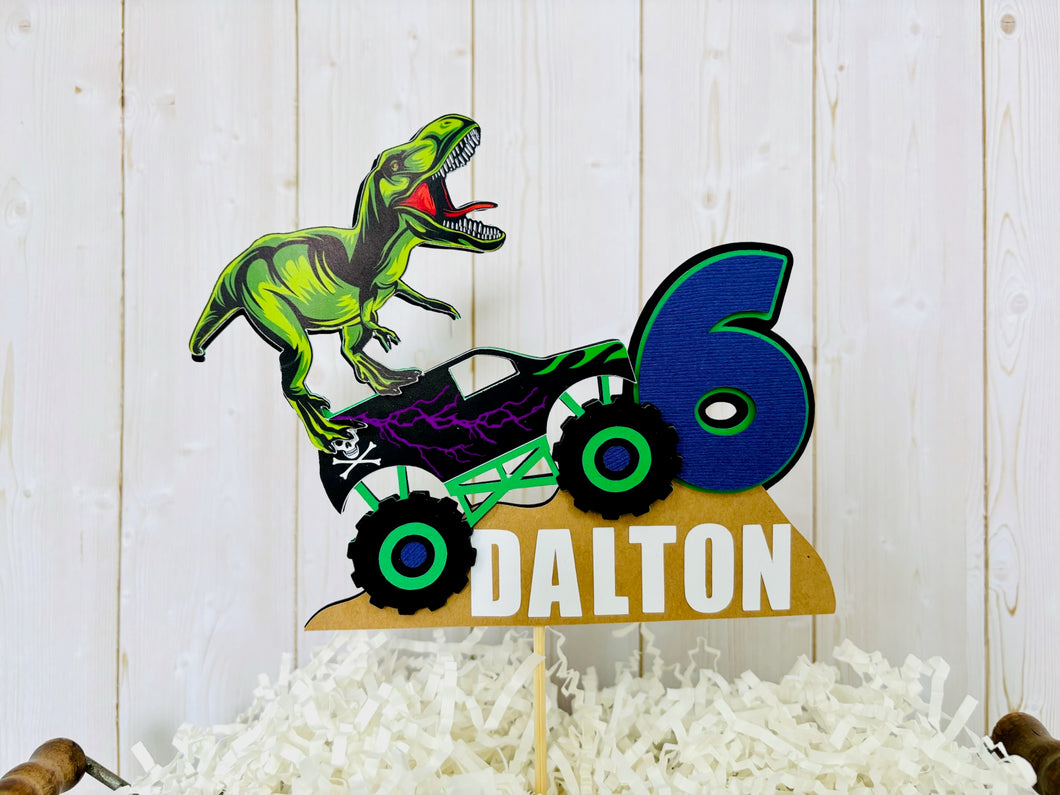 monster jam truck and T-Rex dinosaur cake topper