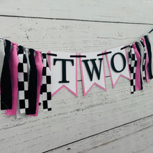 Load image into Gallery viewer, pink checkered flag racing custom phrase banner

