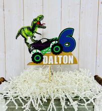 Load image into Gallery viewer, monster jam truck and T-Rex dinosaur cake topper
