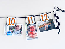 Load image into Gallery viewer, black orange and white racing first birthday monthly photo banner
