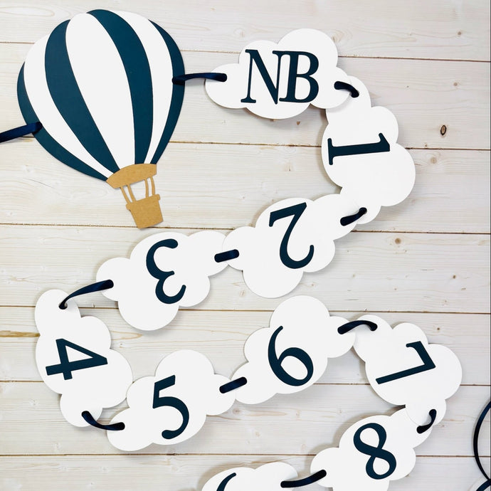 hot air balloon and clouds first birthday monthly photo banner