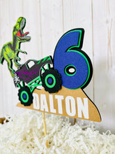 Load image into Gallery viewer, monster jam truck and T-Rex dinosaur cake topper
