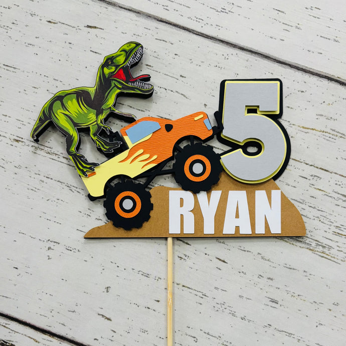 monster jam truck and T-Rex dinosaur cake topper
