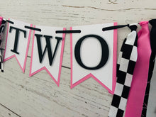 Load image into Gallery viewer, pink checkered flag racing custom phrase banner

