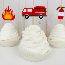 Load image into Gallery viewer, firetruck themed cupcake toppers
