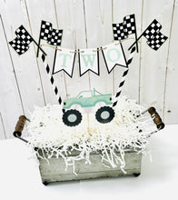 Load image into Gallery viewer, muted pastel green monster truck personalized cake topper

